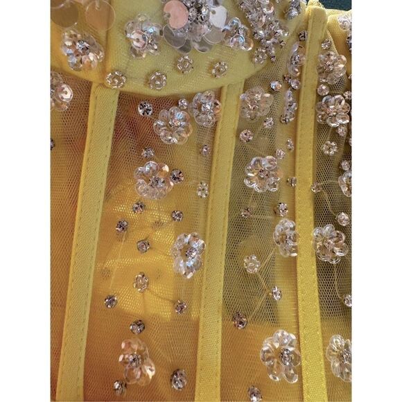 NWT MAC DUGGAL Yellow Spaghetti Strap Beaded Sheer Bodice Gown 💛 44029 size Sm - Picture 9 of 16